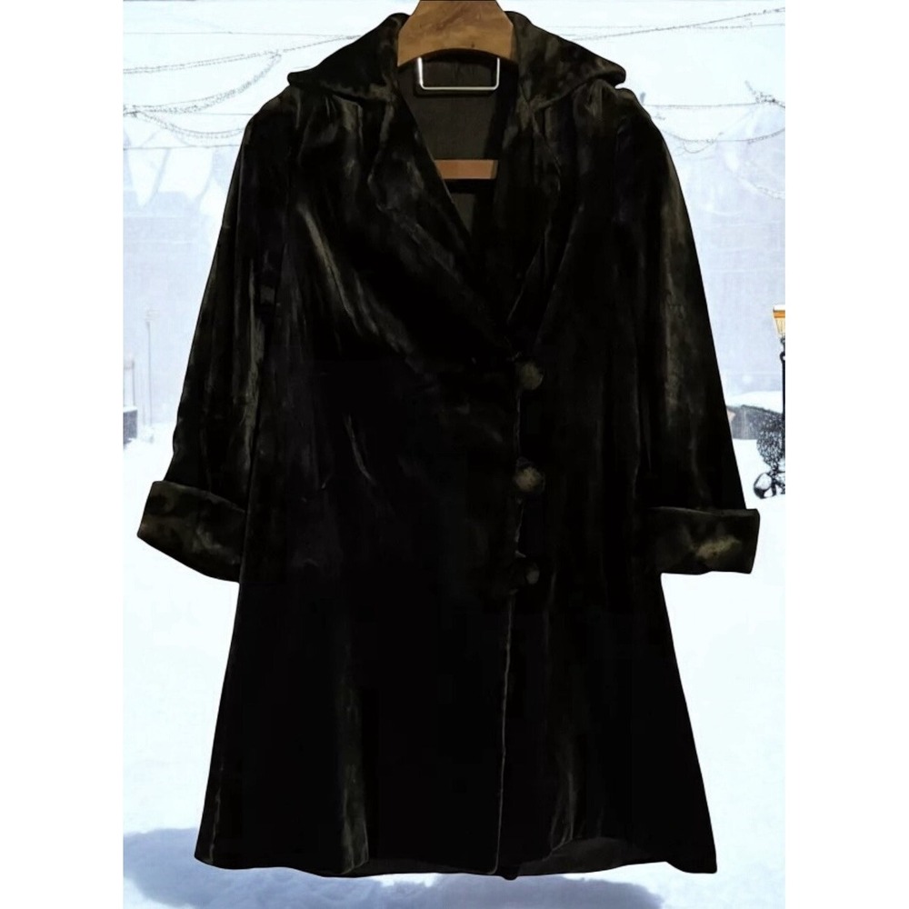 VTG Salts Esquimette 1920s Black‎ Plush Velvet Silk Swing Coat Prohibition Mid L